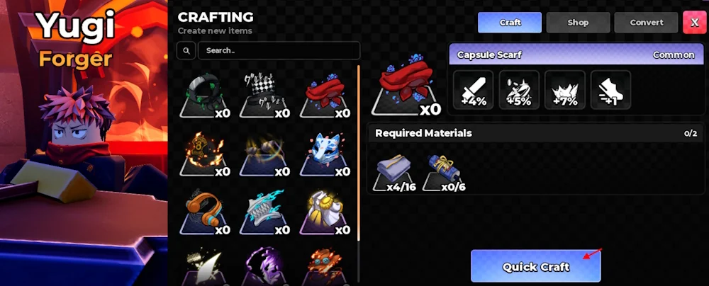 The Anime Zero crafting menu