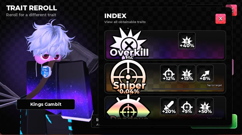 Anime Zero Trait reroll menu